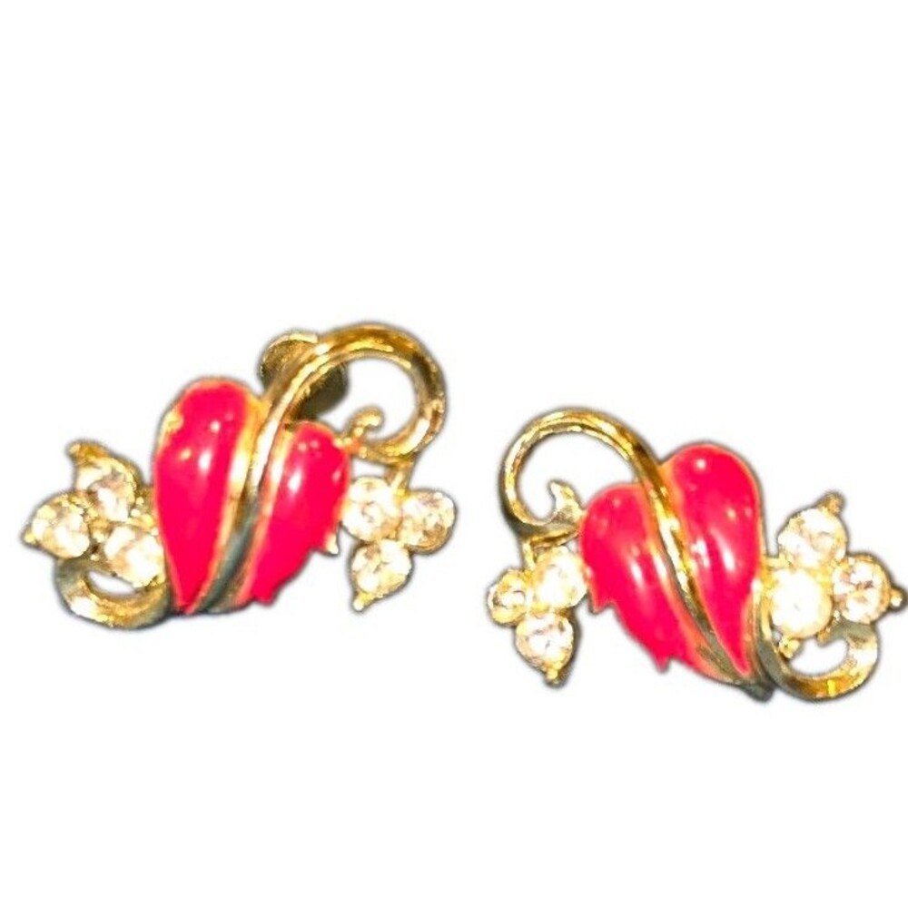 Vintage 1950s Coral Pink Enamel Heart Rhinestone Screw Back Earrings Gold Tone